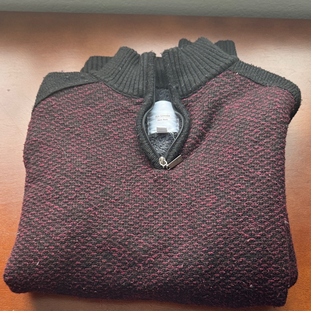 Elegant Black and Burgundy Zip-Up Sweater